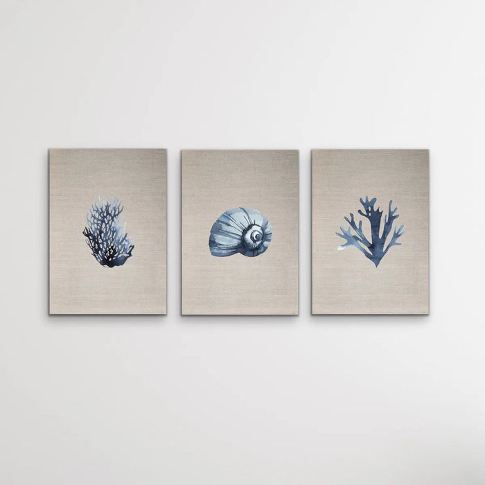 Hamptons Dark Coral On Linen Seaside Wall Art Prints - Three Piece Art Print, Wall Art, Ozark Home 