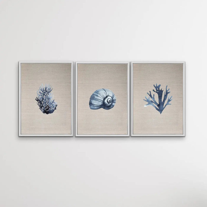 Hamptons Dark Coral On Linen Seaside Wall Art Prints - Three Piece Art Print, Wall Art, Ozark Home 