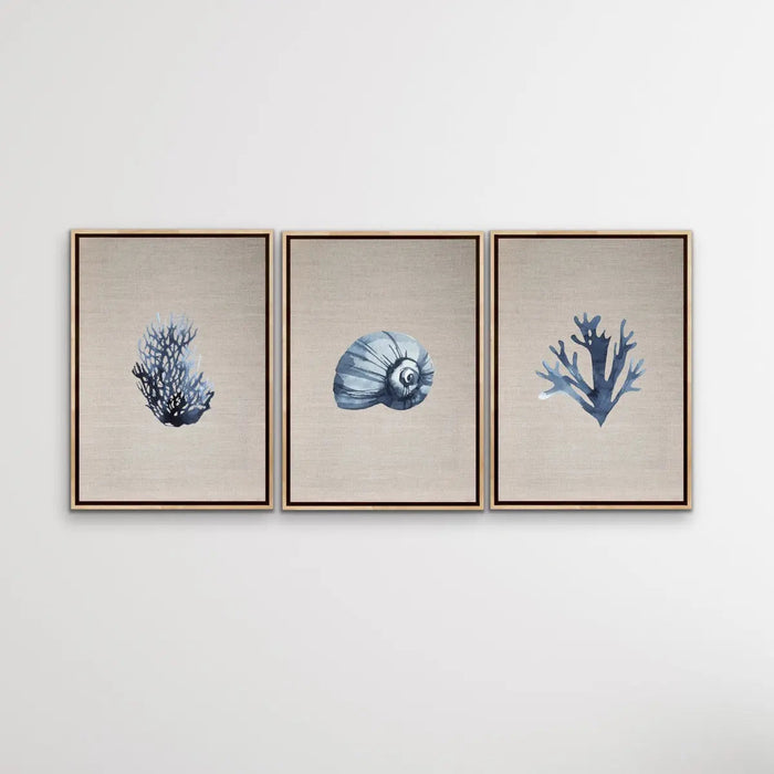 Hamptons Dark Coral On Linen Seaside Wall Art Prints - Three Piece Art Print, Wall Art, Ozark Home 