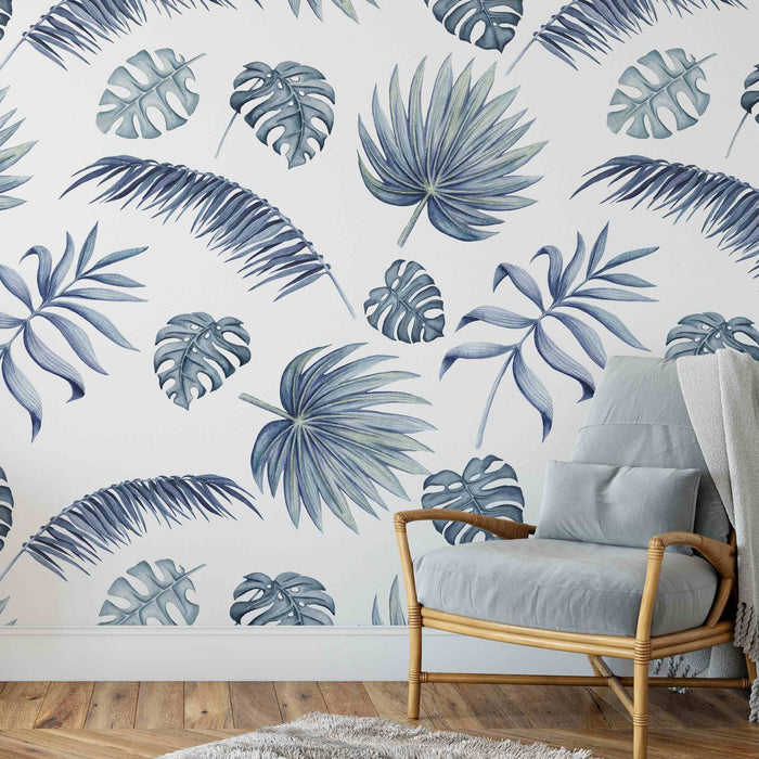 Hamptons Monstera - Classic Coastal Navy Blue Wallpaper With Watercolour Monstera Leaves