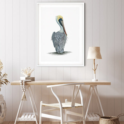 Hamptons Pelican - Watercolour Pelican On A White Backdrop, Wall Art, Ozark Home 