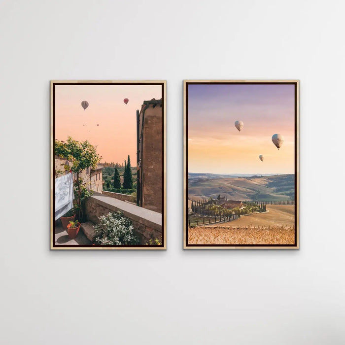 Hot Air Ballooning Over Tuscany - Two Piece Tuscany Italy Photographic Print Set, Wall Art, Ozark Home 