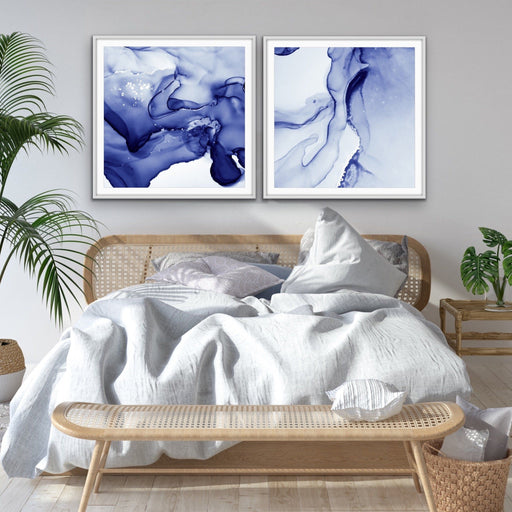 Inky Dreams - Two Piece Square Indigo Blue White Ink Prints, Wall Art, Ozark Home 