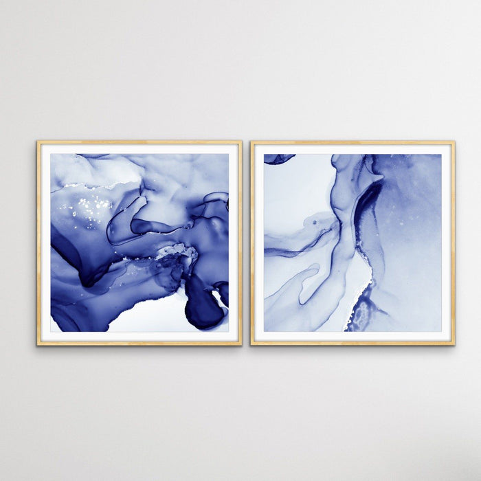 Inky Dreams - Two Piece Square Indigo Blue White Ink Prints, Wall Art, Ozark Home 