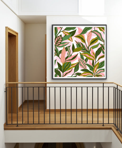 Jungle Vibes - Square Pink and Green Jungle Leaf Print Canvas Wall Art Print, Wall Art, Ozark Home 