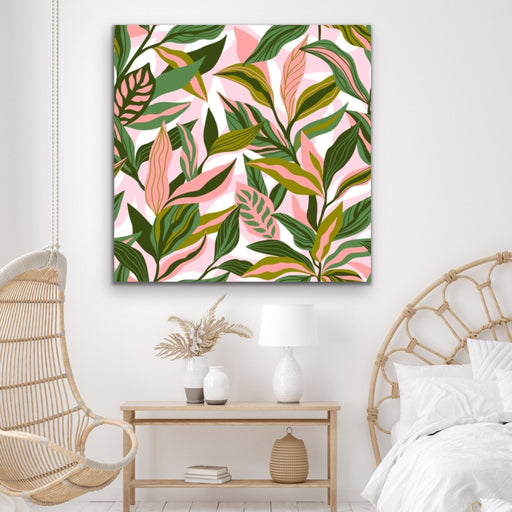 Jungle Vibes - Square Pink and Green Jungle Leaf Print Canvas Wall Art Print, Wall Art, Ozark Home 