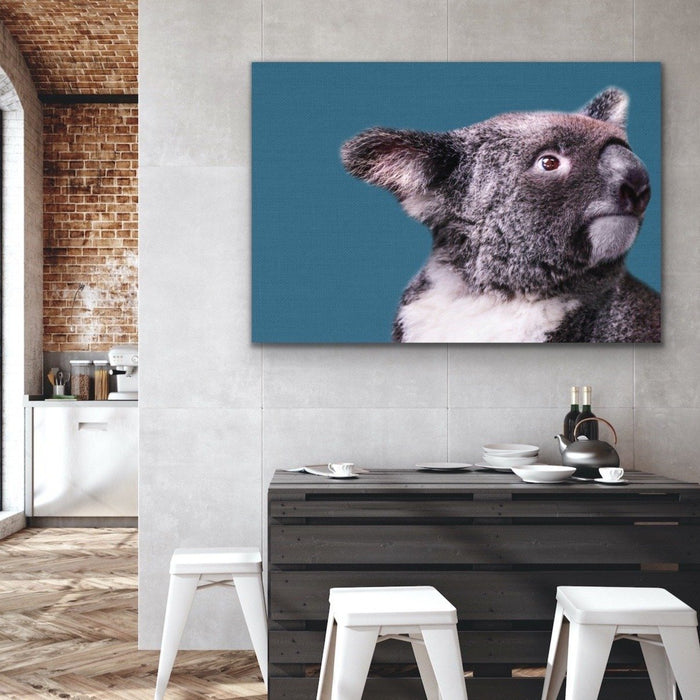 Koala Blue - Koala On Blue Linen Background Stretched Canvas or Art Print