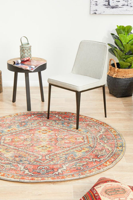 Limonlu Crimson Round Distressed Oriental Motif Vintage Rug, Rugs, Ozark Home 