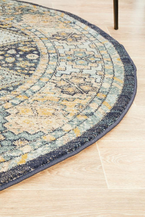 Limonlu Navy Round Distressed Diamond Motif Vintage Rug, Rugs, Ozark Home 