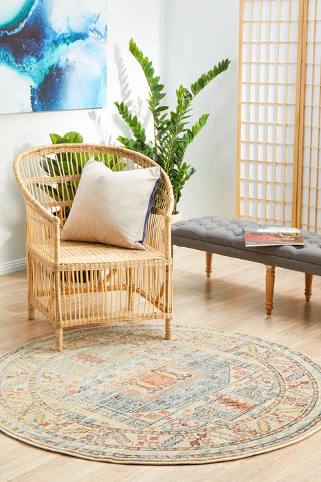 Limonlu Sky Blue Round Distressed Geometric Aztec Vintage Rug, Rugs, Ozark Home 