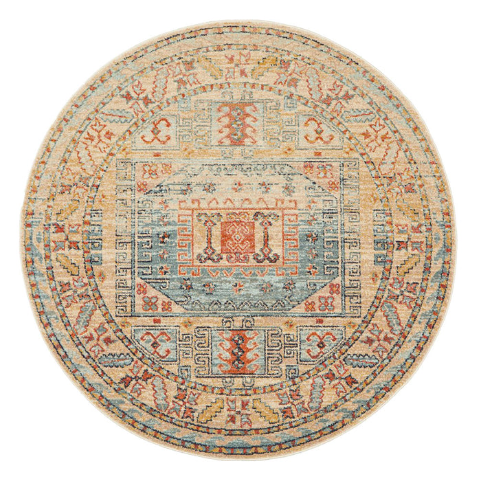 Limonlu Sky Blue Round Distressed Geometric Aztec Vintage Rug, Rugs, Ozark Home 