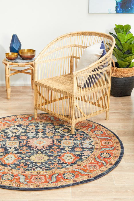 Limonlu Navy Round Distressed Ornamental Floral Motif Vintage Rug, Rugs, Ozark Home 