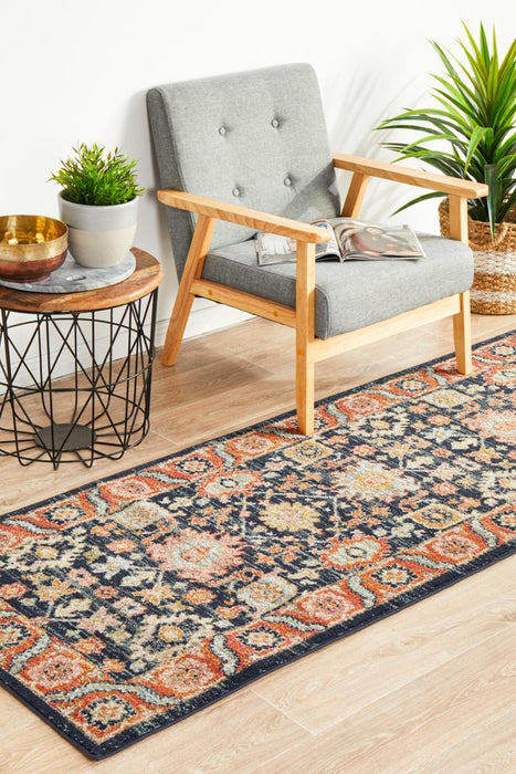 Limonlu Navy Distressed Ornamental Floral Motif Vintage Runner Rug, Rugs, Ozark Home 