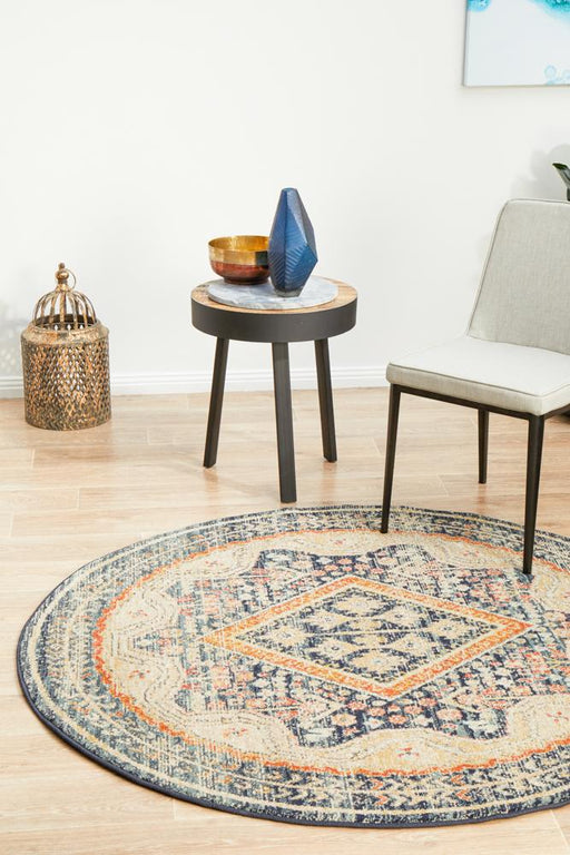 Limonlu Navy Round Distressed Geometric Ornamental Diamond Vintage Rug, Rugs, Ozark Home 