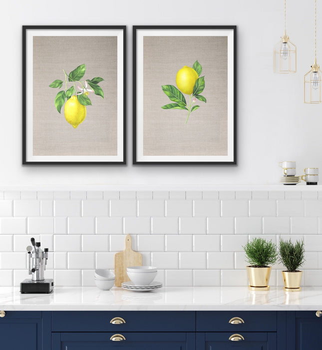 Lemons On Linen - Two Piece Lemon Watercolour Linen Kitchen Wall Art Print, Wall Art, Ozark Home 