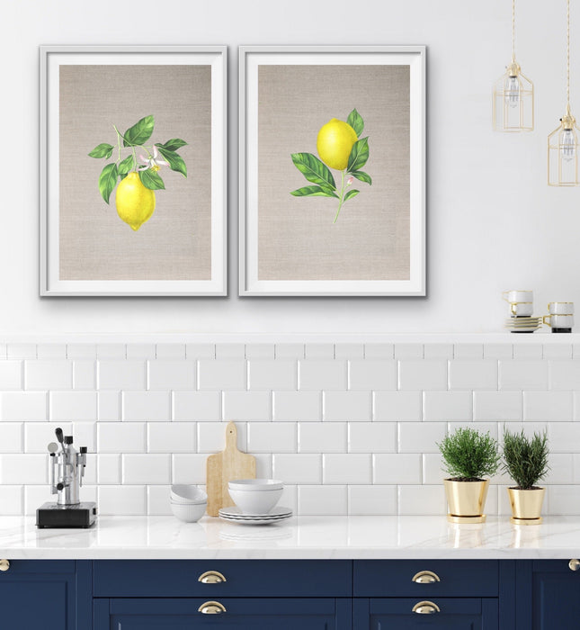 Lemons On Linen - Two Piece Lemon Watercolour Linen Kitchen Wall Art Print, Wall Art, Ozark Home 