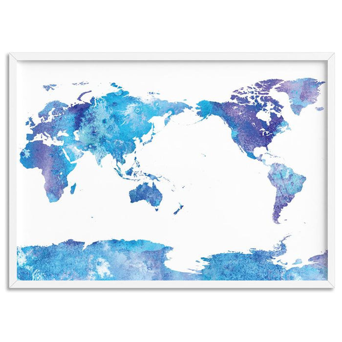 World Map Blue Watercolour - Art Print - Ozark Home