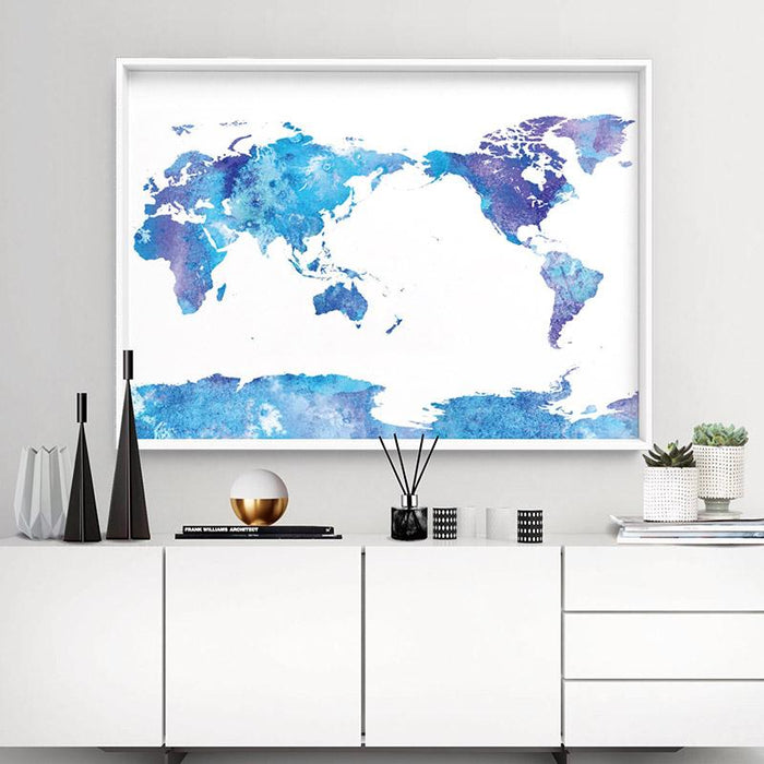 World Map Blue Watercolour - Art Print - Ozark Home