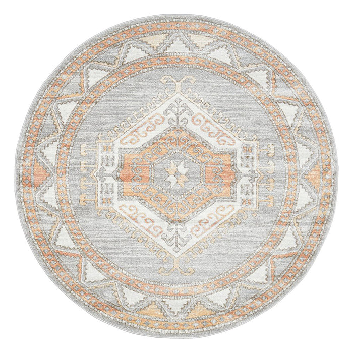 Malatya Grey Round Stonewashed Aztec Medallion Contemporary Rug, Rugs, Ozark Home 