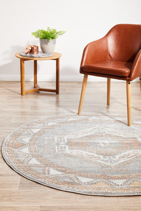 Malatya Grey Round Stonewashed Aztec Medallion Contemporary Rug, Rugs, Ozark Home 