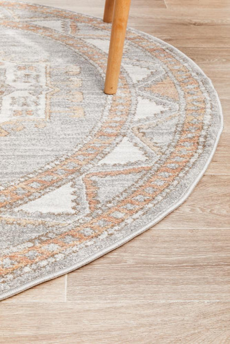 Malatya Grey Round Stonewashed Aztec Medallion Contemporary Rug, Rugs, Ozark Home 