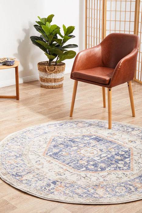 Malatya Blue Round Stonewashed Aztec Medallion Contemporary Rug, Rugs, Ozark Home 