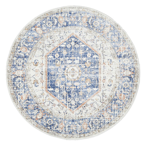 Malatya Blue Round Stonewashed Aztec Medallion Contemporary Rug, Rugs, Ozark Home 