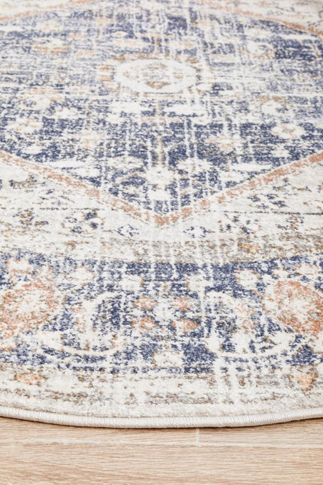 Malatya Blue Round Stonewashed Aztec Medallion Contemporary Rug, Rugs, Ozark Home 