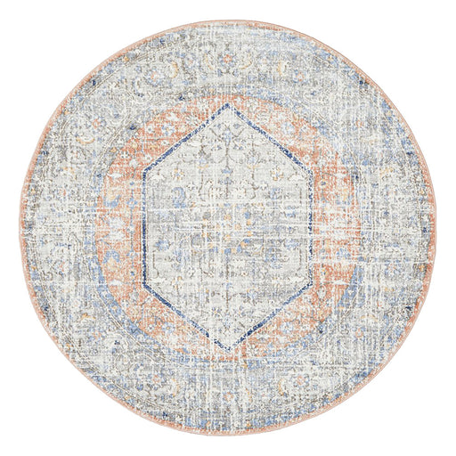 Malatya Peach Round Stonewashed Aztec Medallion Contemporary Rug, Rugs, Ozark Home 