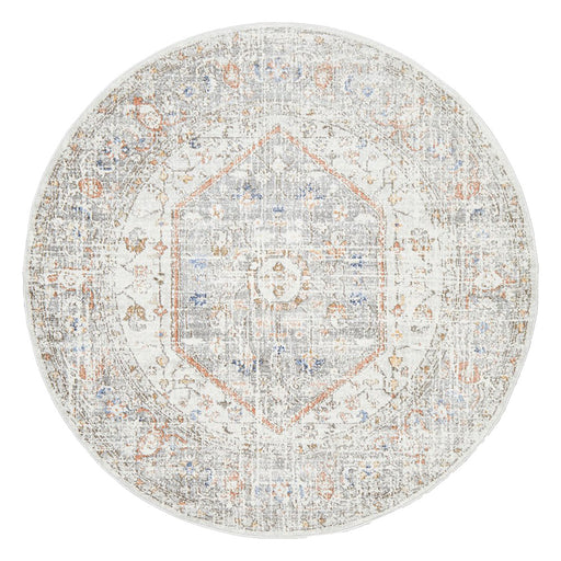 Malatya Silver Round Stonewashed Aztec Medallion Contemporary Rug, Rugs, Ozark Home 