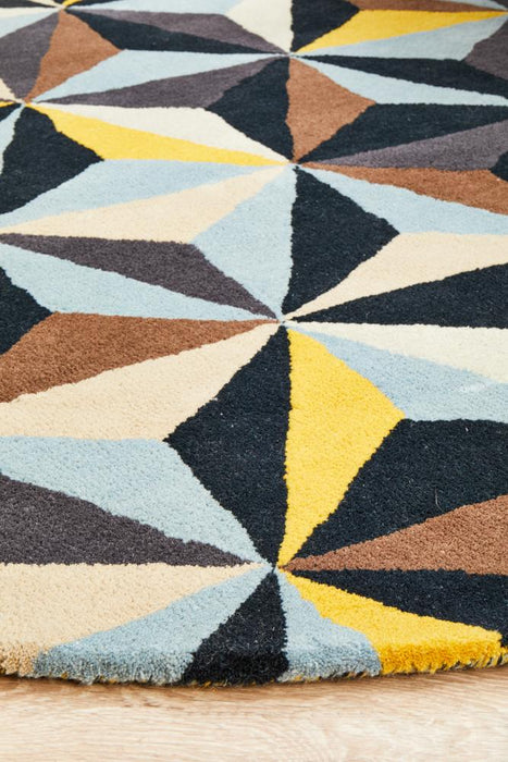 Manisa Blue Round Geometric Prism Wool Contemporary Rug, Rugs, Ozark Home 