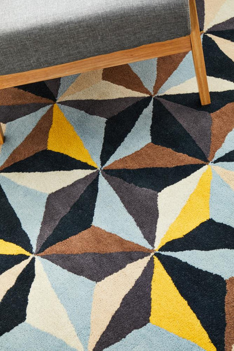 Manisa Blue Round Geometric Prism Wool Contemporary Rug, Rugs, Ozark Home 