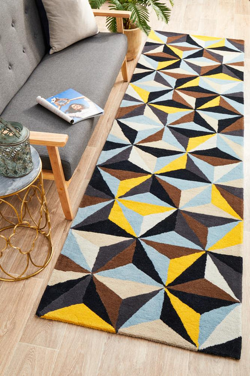 Manisa Blue Geometric Prism Wool Contemporary Runner Rug, Rugs, Ozark Home 