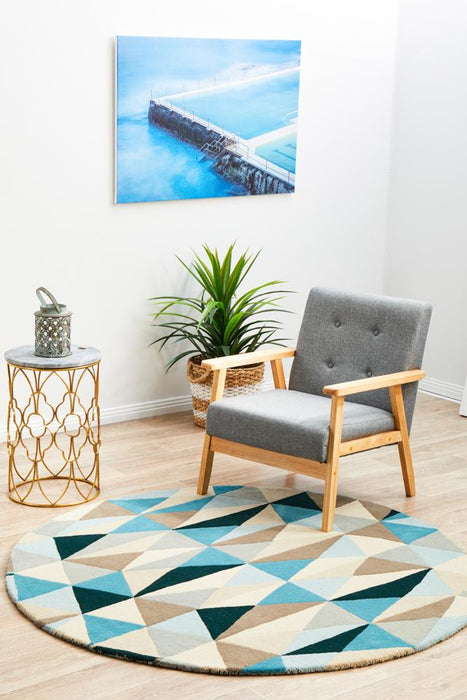 Manisa Turquoise Round Geometric Kaleidoscope Triangle Wool Contemporary Rug, Rugs, Ozark Home 