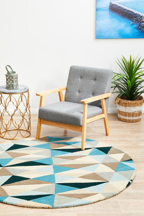 Manisa Turquoise Round Geometric Kaleidoscope Triangle Wool Contemporary Rug, Rugs, Ozark Home 