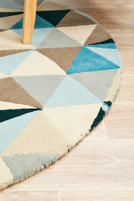 Manisa Turquoise Round Geometric Kaleidoscope Triangle Wool Contemporary Rug, Rugs, Ozark Home 