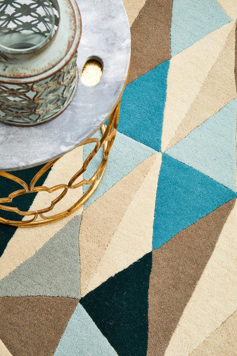 Manisa Turquoise Round Geometric Kaleidoscope Triangle Wool Contemporary Rug, Rugs, Ozark Home 