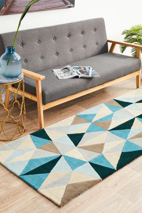 Manisa Turquoise Geometric Kaleidoscope Triangle Wool Contemporary Runner Rug, Rugs, Ozark Home 