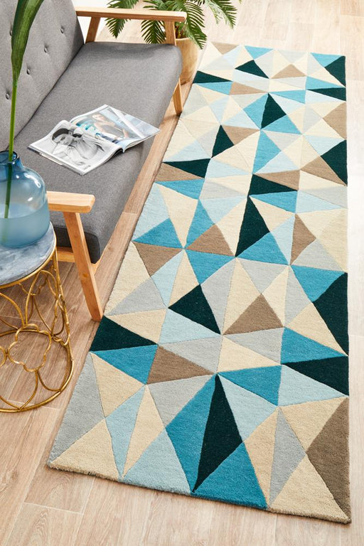 Manisa Turquoise Geometric Kaleidoscope Triangle Wool Contemporary Runner Rug, Rugs, Ozark Home 