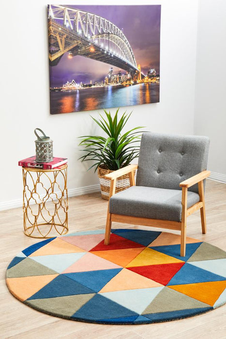 Manisa Multicoloured Round Geometric Triangle Wool Contemporary Rug, Rugs, Ozark Home 