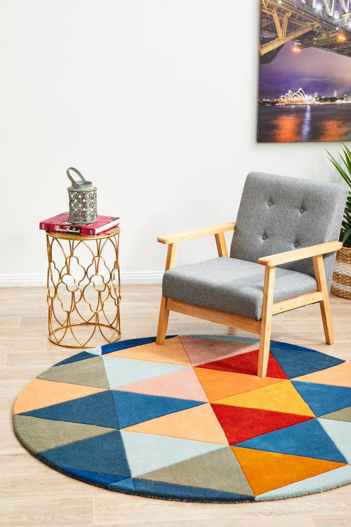 Manisa Multicoloured Round Geometric Triangle Wool Contemporary Rug, Rugs, Ozark Home 