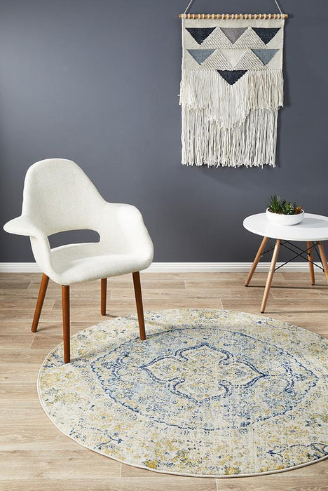 Matai Sky Blue Round Transitional Floral Medallion Outline Contemporary Rug, Rugs, Ozark Home 