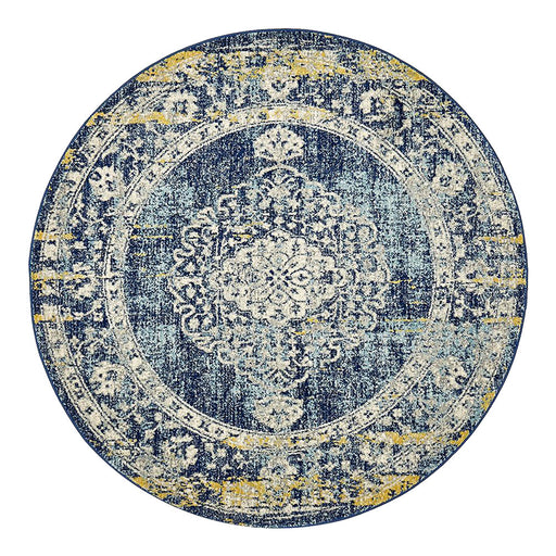 Matai Navy Round Transitional Floral Medallion Contemporary Rug, Rugs, Ozark Home 