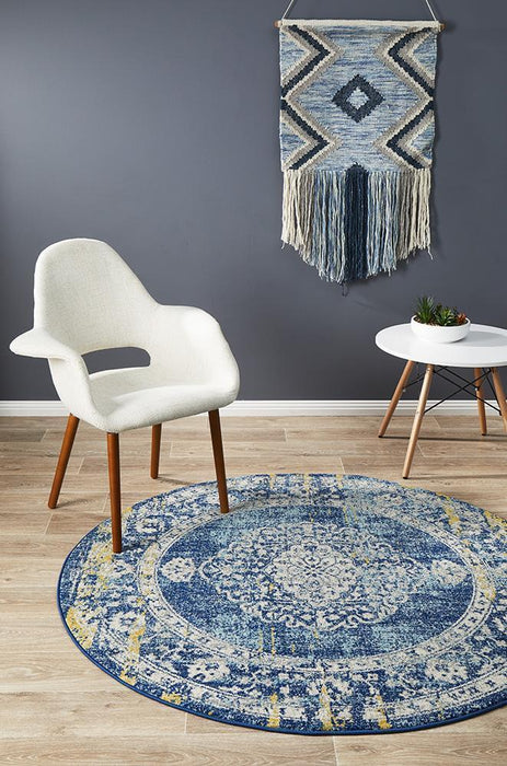 Matai Navy Round Transitional Floral Medallion Contemporary Rug, Rugs, Ozark Home 