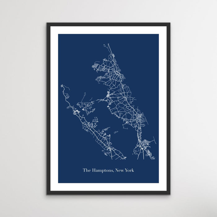 Map of The Hamptons - Blue and White Map of Hamptons New York Art Print