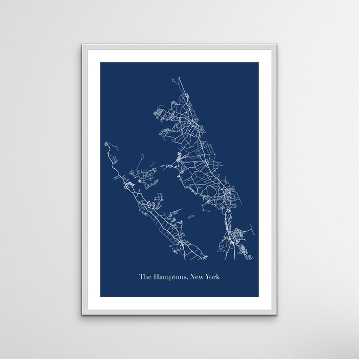 Map of The Hamptons - Blue and White Map of Hamptons New York Art Print