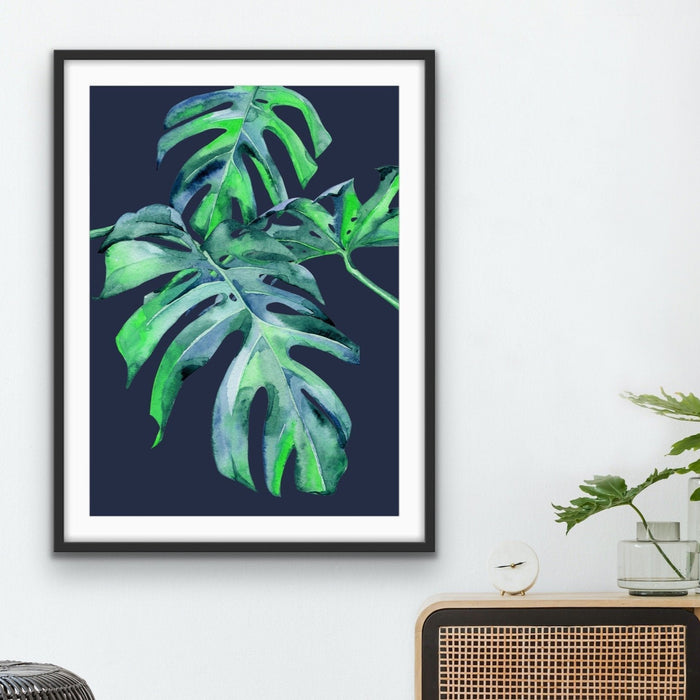 Monstera Kiss - Monstera Print On Blue Background Canvas or Art Print