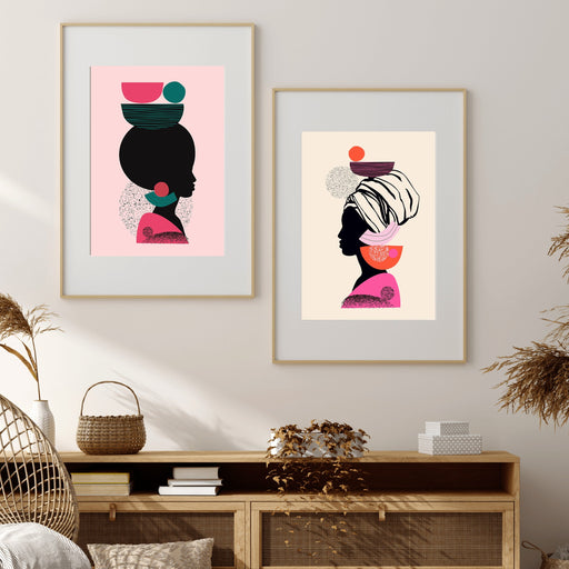 Mother Africa - Two Piece Bright Woman Colourful Geometric Boho Art or Canvas Prints, Wall Art, Ozark Home 