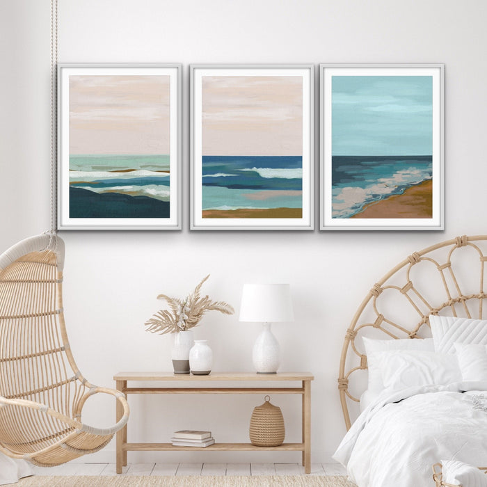 My Beach Memories - Three Piece Blue Pink Surreal Landscape Print Set on Paper Or Canvas, Wall Art, Ozark Home 