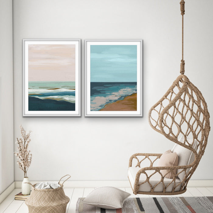 My Beach Memories - Three Piece Blue Pink Surreal Landscape Print Set on Paper Or Canvas, Wall Art, Ozark Home 